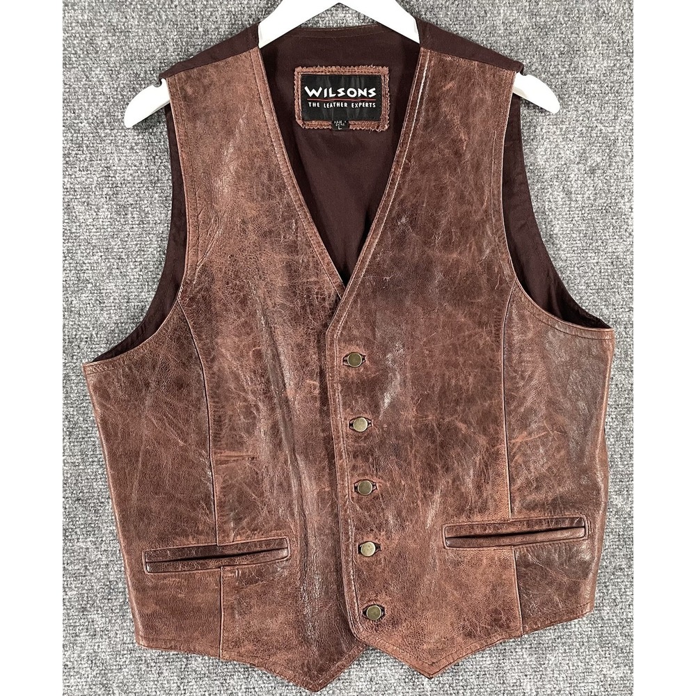 Vintage Wilsons Pebbled Leather Vest Button Distressed Biker Western Brown Men L